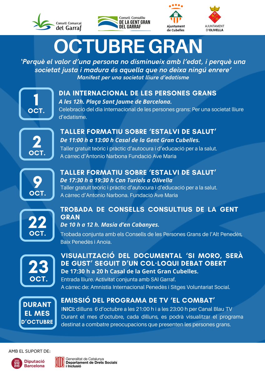 “Octubre Gran” proposa una sèrie d’activitats als municipis del Garraf, adreçades a les persones grans: l’estrena d’un programa de TV, un taller d’autocura, un cine fòrum i una trobada de consells de la gent gran.
ℹ️ccgarraf.cat/actualitat/not…