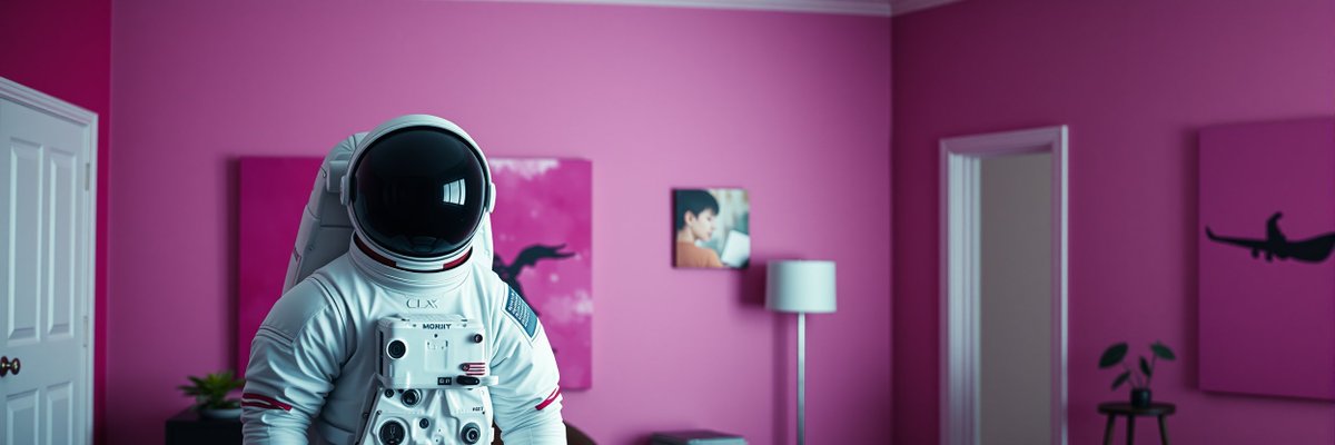 Surreal astronaut in pink room illustrating meme magic over logic