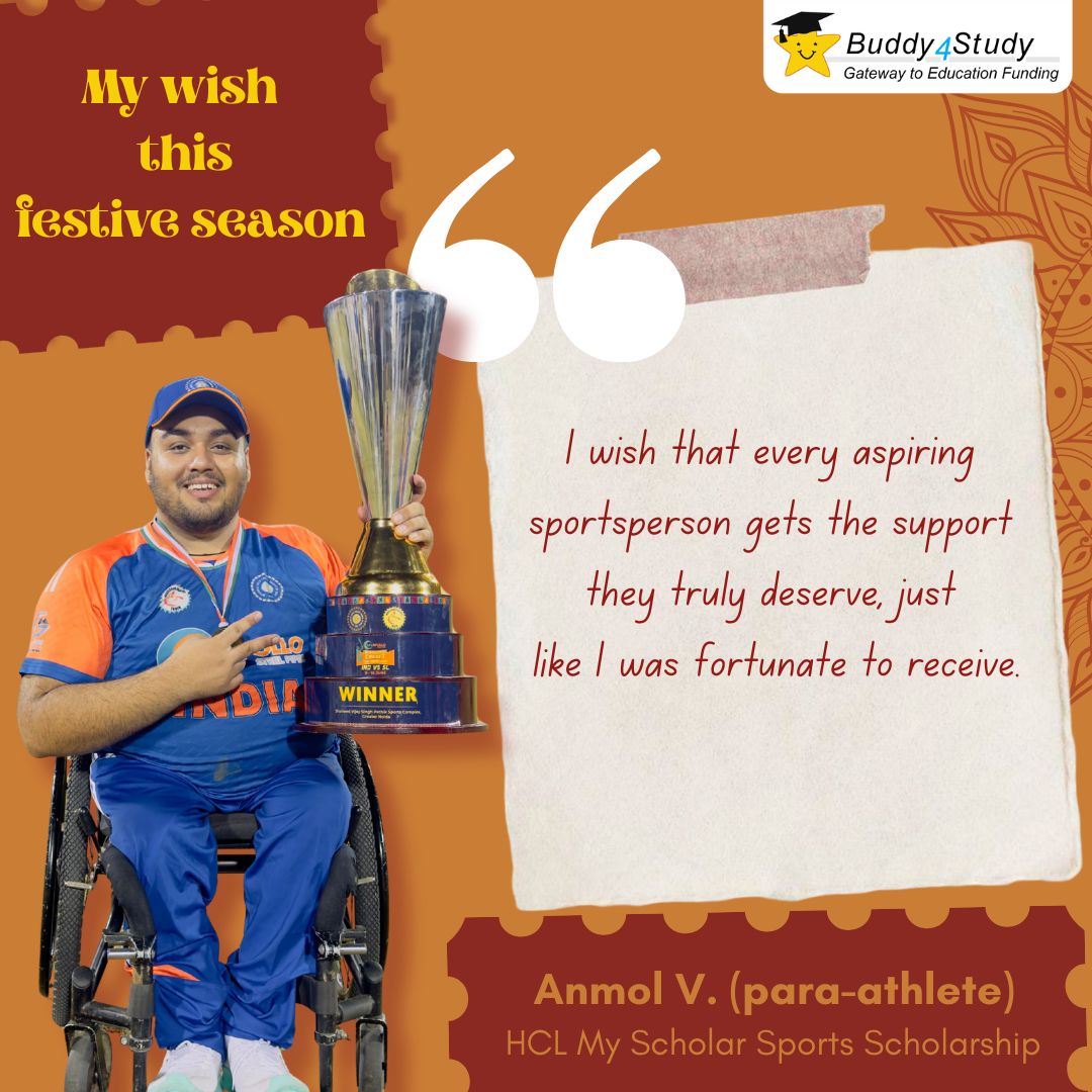 Buddy4Study's tweet image. This festive season, Anmol V., an international para-athlete &amp;amp; #HCLMyScholar Sports Scholarship recipient, wishes every aspiring sportsperson, especially in para-sports, gets the support that helped him succeed.

At #Buddy4Study, we’re proud to support his journey and many other…