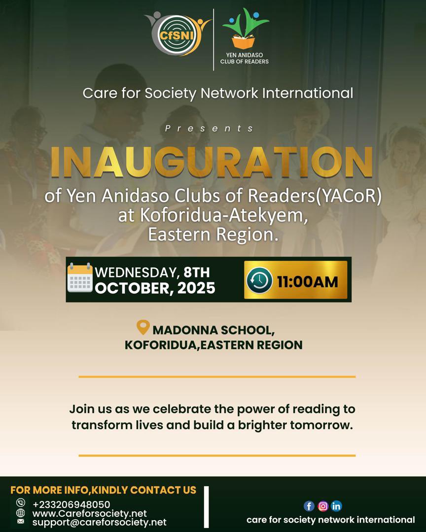 Care4Society_NI's tweet photo. CfSNI is inaugurating Yen Anidaso Clubs of Readers (YACoR) 8th Oct 2025 | 11:00 AM
 📍 Madonna School, Koforidua
💡 Support this mission: donate, volunteer, or partner with us. Together, we create hope &amp; futures. 

https://t.co/2eJEkcPj9I
#CfSNI #YACoR #EducationForChange https://t.co/KkSOvkPjCp