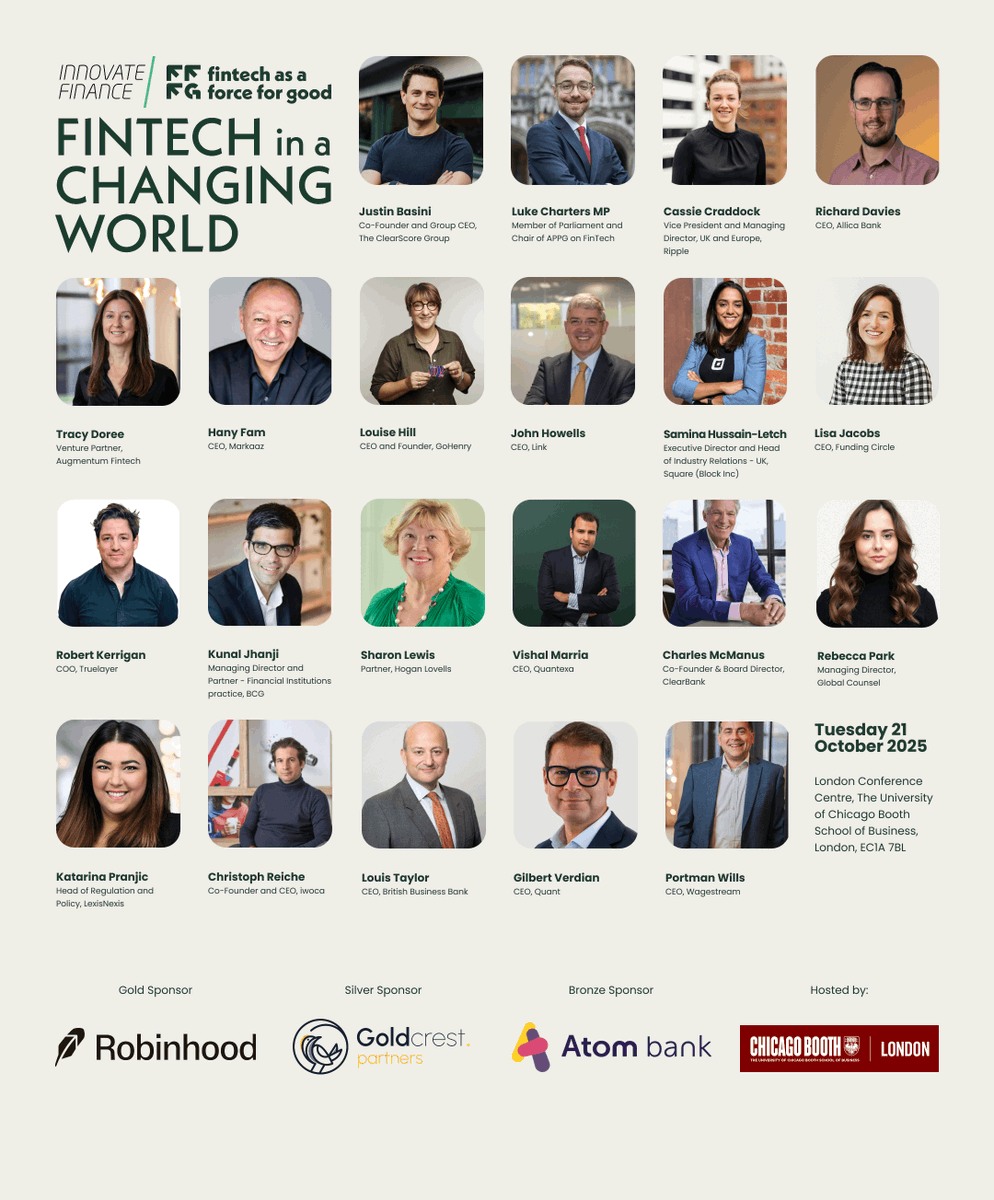 InnFin's tweet image. Just 3 weeks to #FinTechInAChangingWorld! 🌍 

Join #FinTech leaders on 21 Oct in London to explore AI, Digital ID, Stablecoins, ESG &amp;amp; more. 

🎟️ 30% off 2+ tickets | Members get 2 free.

🔗 hubs.ly/Q03Ls_b50