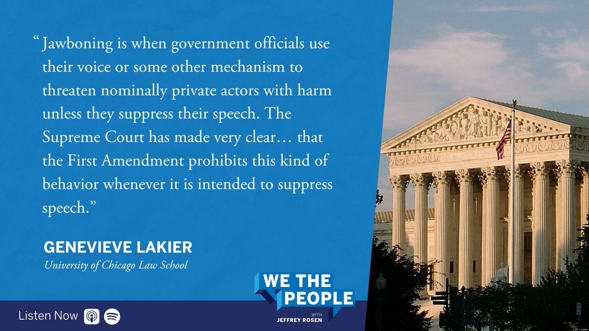 ConstitutionCtr's tweet image. On #WeThePeoplePodcast, @glakier of @UChicago explains the concept of jawboning and how it relates to First Amendment protections outlined in the #USConstitution.  

Listen now: ow.ly/1uPe50X3bsU