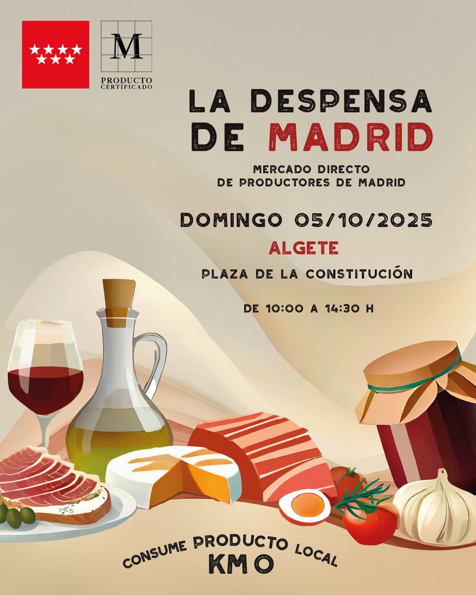 ¡Este domingo vuelve La Despensa de Madrid! 🚚✨

El mercado itinerante de los #AlimentosdeMadrid te espera este domingo en Algete 🗺️🔍

Descubre y compra #productoslocales directamente de los pequeños productores de la región: sus #quesos🧀 #carnes🥩 #embutidos🌭 #aceites🫒