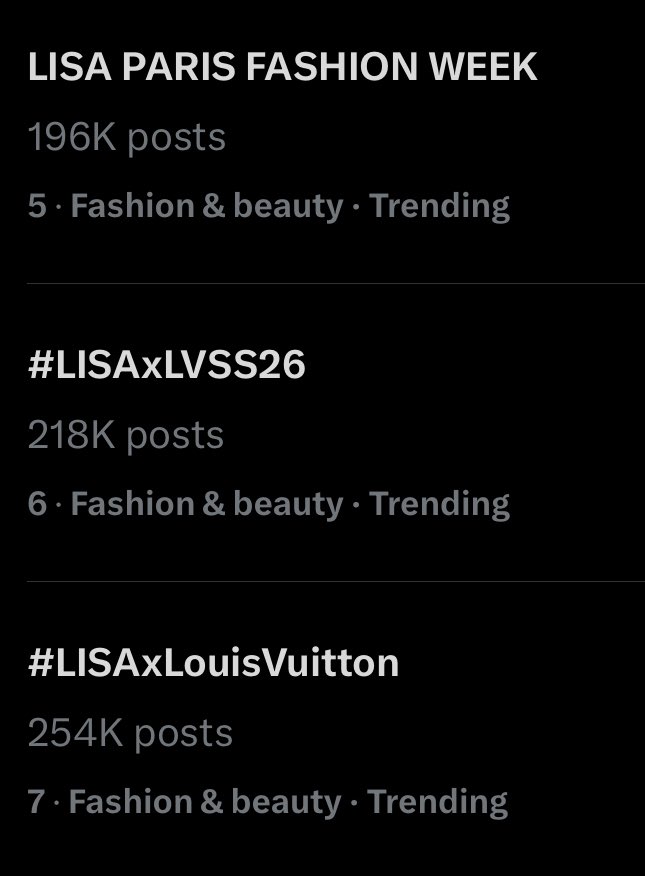 LISANATIONS_'s tweet photo. Lisa is the buzz at LV SS26! 3 tags worldwide,  trending #5, #6 and #7!

LISA PARIS FASHION WEEK 
#LVSS26 #LISAxLVSS26 
#LISAxLouisVuitton 
@wearelloud @LouisVuitton https://t.co/I8QntX4B4A