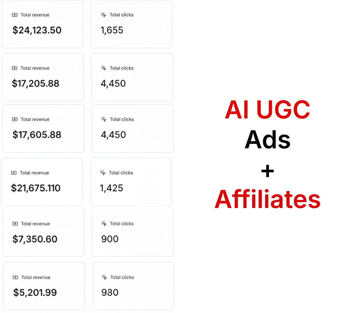 AlessandroLavis's tweet photo. AI UGC + Affiliate marketing = $100K/month

No products. No shipping. No agencies.

Just faceless videos running 24/7.

The results → multiple streams:

$24K, $21K, $17K, $17K, $7K, $5K ($91K total)

We packaged the workflow into a step-by-step guide

RT + comment “affiliate” and I’ll send it.
(must follow for dm)