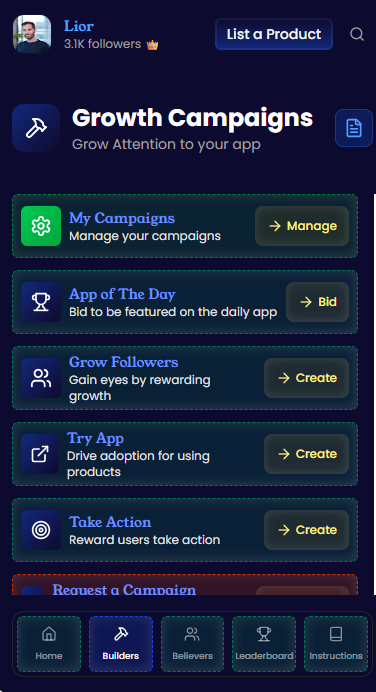 📢 Campaigns are now live on beta on ProductClank miniapp

Create growth campaigns in 2 minutes:
→ Set a task (follow, try app, custom action)
→ Add a reward pool
→ Let people complete your task
→ Distribute rewards (everyone or raffle)

Simple UI. Token rewards. Real