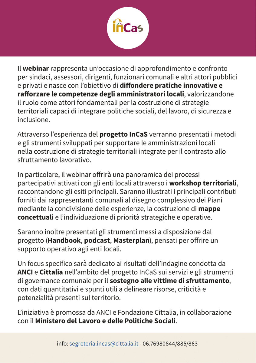 AnciLiguria's tweet image. 🆕"Il contrasto allo #sfruttamento lavorativo dalla prospettiva dei Comuni. Metodi e strumenti del progetto #InCaS"
💻webinar a cura di @comuni_anci, @Cittalia e @MinLavoro
🗓lunedì 13 ottobre
🕚ore 11
Tutte le info per partecipare
ℹ️✍️anciliguria.it/newsbox/il-con…