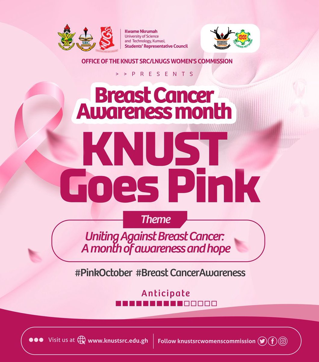 yaaduakye's tweet photo. #KNUSTGoesPink!  Next month, we rise together in strength, love &amp; awareness to fight breast cancer.  Let’s empower, educate &amp; support one another. 
#PinkOctober #BreastCancerAwareness #theshepower OFFICE OF THE SRC/LNUGS WOMEN’S COMMISSIONER ELECT https://t.co/rKqv0uABZp