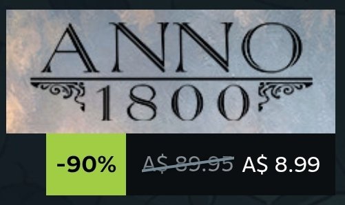 Heads up. 
Ridiculous Steam deal on <a href="/ANNO_EN/">Anno</a> at the moment. 
One of the all time 🐐ed games.

<a href="/UbisoftANZ/">Ubisoft ANZ</a>