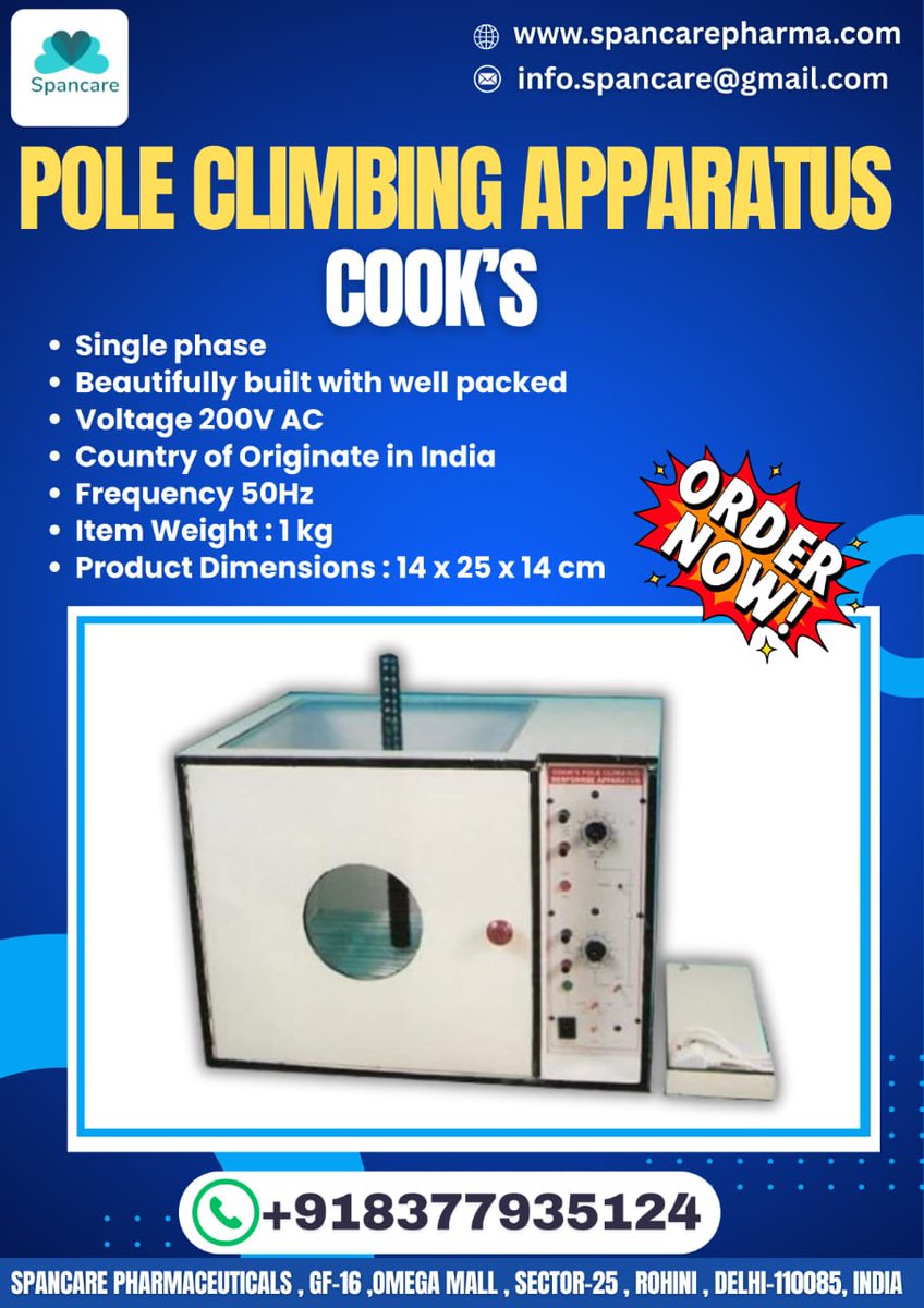 siddharthe34630's tweet image. Pole Climbing Apparatus – Cook’s (by Spancare Pharmaceuticals)
spancarepharma.com/product/11752/👉 Order directly at: spancarepharma.com
📧 Email: info.spancare@gmail.com
📞 WhatsApp/Call: +91 8377935124
#PoleClimbingApparatus #CooksApparatus #SpancarePharma #ResearchEquipment #Pharm