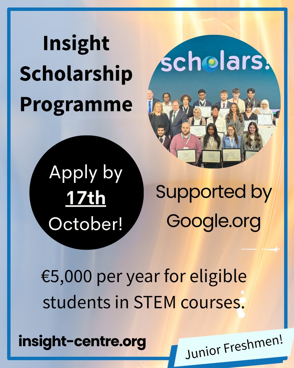 AccessTCD's tweet image. The @insight_centre Scholarship supported by Google.org 🎓is a wonderful opportunity for Junior Freshmen studying STEM &amp;amp; registered with TAP or @tcd_ability.

🗓️ Apply by Oct 17, 2025
🔗 bit.ly/4gOHqXM
ℹ️ bit.ly/3IBOlH6
#STEM #Scholarship
