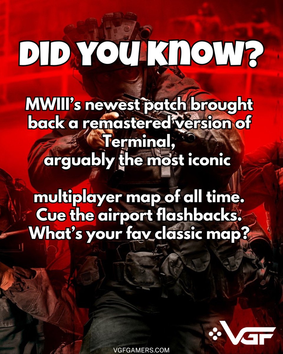 VGFGamers's tweet image. Every gamer just had a nostalgic airport flashback.

TSA didn’t stand a chance back in the day.

What’s your all-time favorite classic map? Let’s argue

#MWIII #TerminalMap #CODNostalgia #MultiplayerLegends #GamingThrowback #VGFgamers #CallOfDuty #FPSGaming