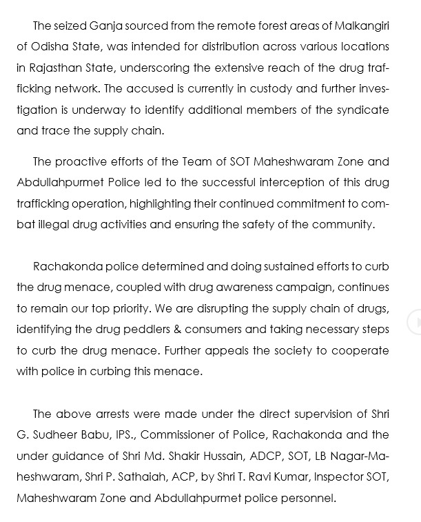 MalkajgiriCop's tweet photo. #Interstate drug peddling racket busted by #SpecialOperationsTeam, Maheshwaram Zone, along with @AbdullapurmetPS for transporting #Ganja. 
(01) held and seized #Contraband_Ganja weighing 1210 kgs worth Rs. 6,25,00,000/-. https://t.co/tmXYlnYDXX