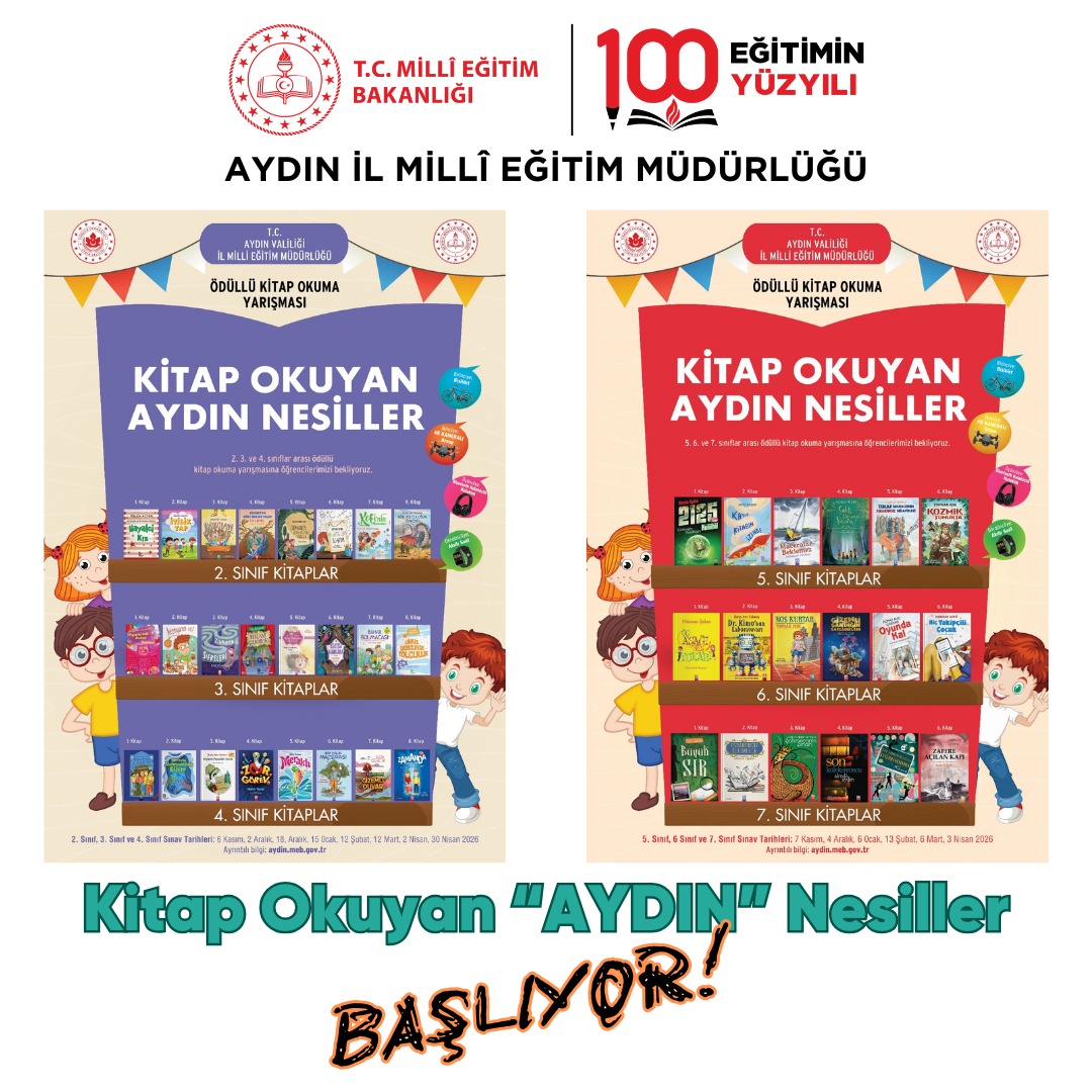 📚 "Kitap Okuyan Aydın Nesiller" Yarışması 

🔹️Aydın İl Milli Eğitim Müdürlüğü, farklı yaş gruplarındaki öğrencilerimizin ilgi alanlarına hitap edecek şekilde belirlenen kitaplarla öğrencilerimizin kitap okumaya ilgilerini çekmek ve onları kitapların büyülü dünyasına dâhil