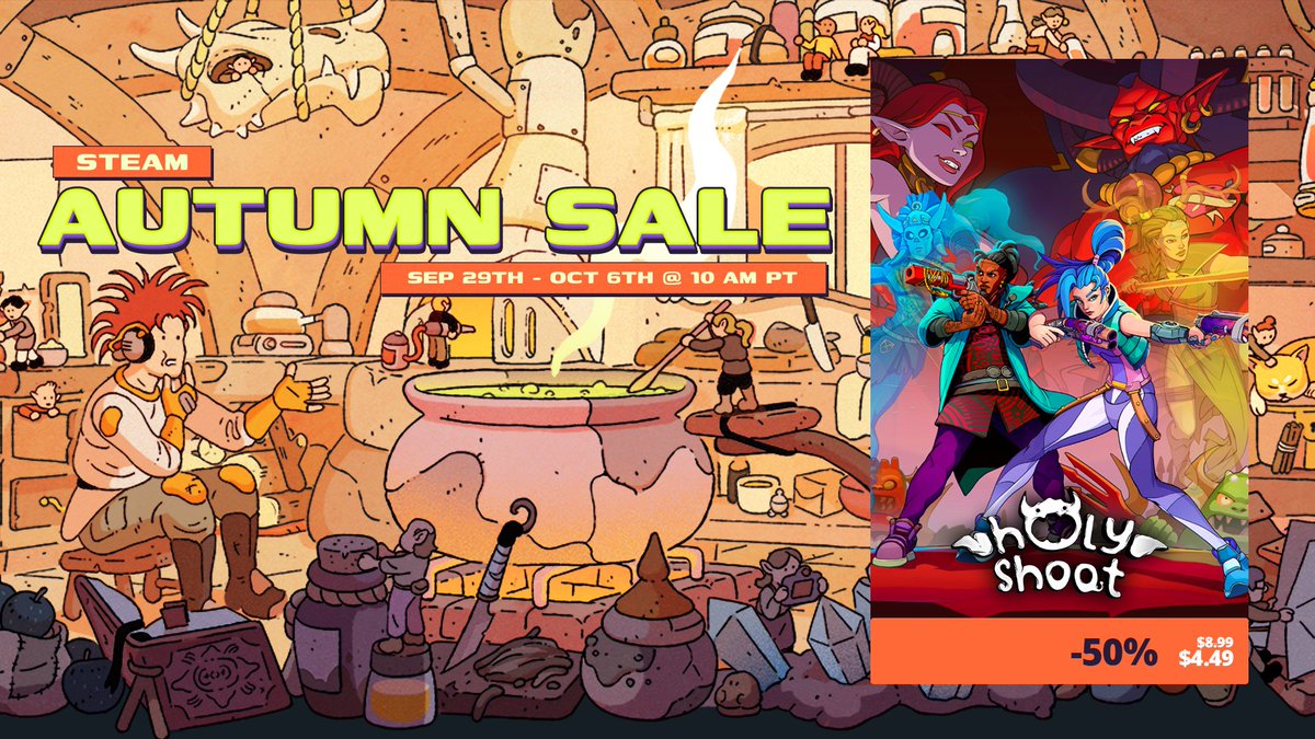 Hell called. We put it on a 50% discount!

Step into a roguelite FPS where every run is packed with over-the-top gunplay, absurd demons, and chaotic humor. Hell is waiting, grab your guns and get blasting! 
store.steampowered.com/app/2881660/Ho… 

#IndieGameDev #Steam #SteamAutumnSale