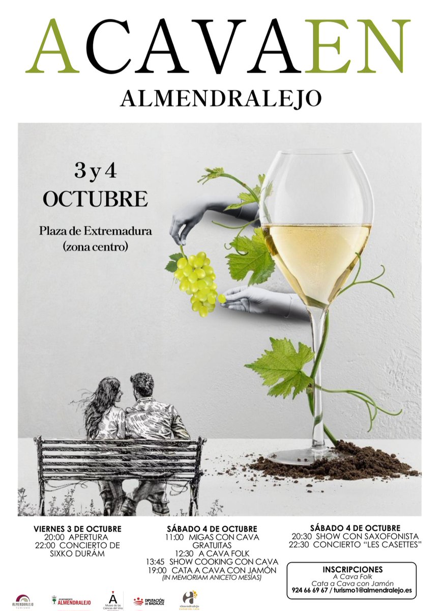 🥂 ACAVA EN ALMENDRALEJO 
🎻 Jornadas de conciertos, talleres , degustaciones, show cooking,catas y shows, en un fin de semana ameno.
Viernes 3 🎸 Apertura y concierto
Sábado 4 🧄 Migas con 🥂, 🪗 Folk , show cooking y cata con jamón 
Sábado 4 Show con 🎷 y concierto.