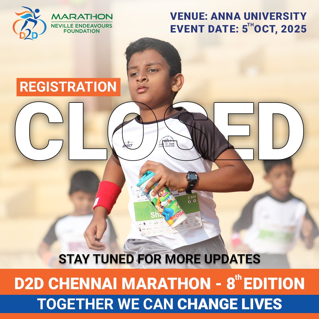d2dchennai's tweet photo. Registrations Closed!

Thank you for the overwhelming response to the D2D Chennai Marathon 2025 

📍 Bib Distribution
🗓 Date: 4th October 2025
📌 Venue: Great Ceremonies by GRT Hotels
120, Sir Thyagaraya Road, T. Nagar, Chennai – 600017

🏅 Race Day
🗓 Date: 5th October 2025 https://t.co/rdMI0symZ5