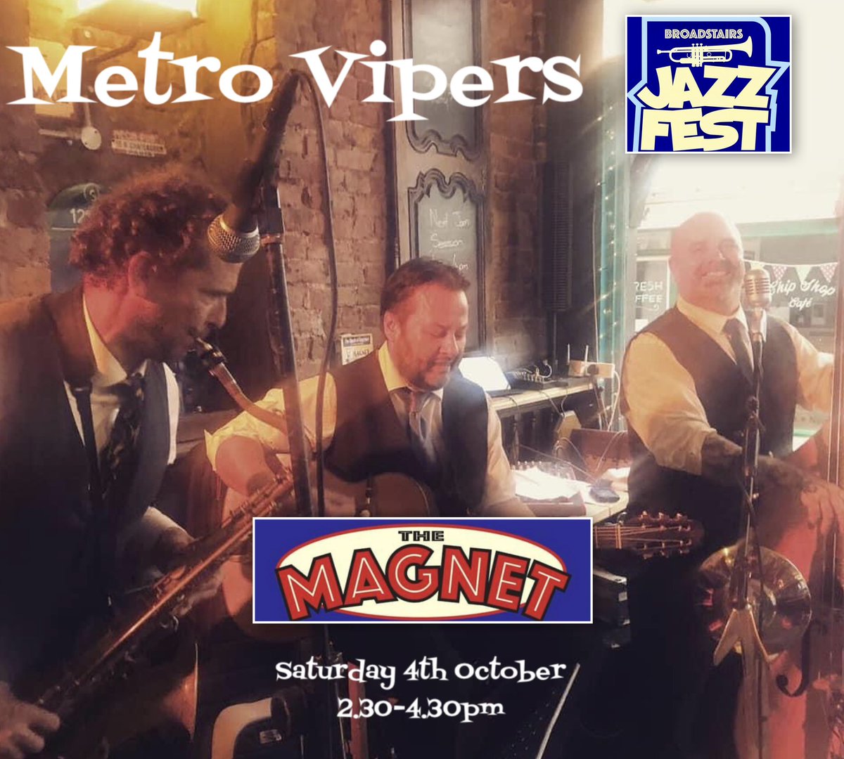 MetroVipers's tweet photo. This Saturday 4th October 2.30pm we'll be getting the pulses up with our eclectic mish mash of this, that &amp; the other at @Themagnetmicro1 for #broadstairsjazzfest #gypsyswing #rocknroll #swingjazz #broadstairs https://t.co/pBvs3JNYeI