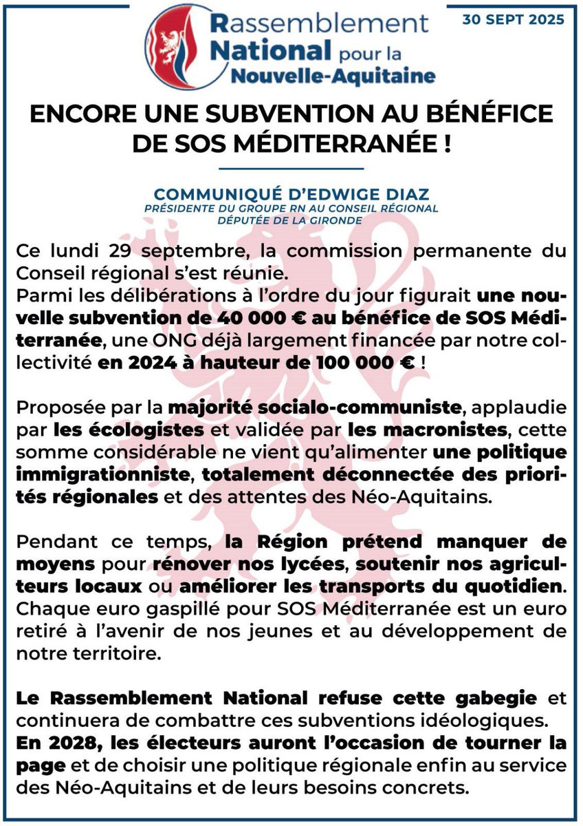 🔴 Commission permanente du Conseil régional de Nouvelle-Aquitaine : Encore une subvention au bénéfice de SOS Méditerranée !

Retrouvez le communiqué de presse du groupe <a href="/RNational_NA/">Rassemblement National - Nouvelle-Aquitaine</a> : ⤵️

facebook.com/share/p/17BMjH…