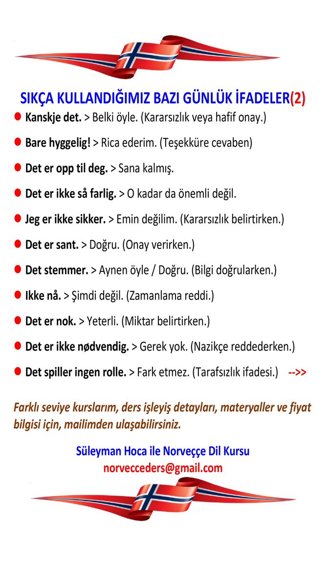 Sıkça Kullanılan Bazı Günlük İfadeler

#süleymanhoca #norveccedilkursu #norveçceözelders #learnnorwegian #norvecce #norvecceöğreniyorum #norveç #ibsen #udi #learnnorwegianonline #speaknorwegian #learnnorwegian #norskprøve #nokut #hkdir #helsedirektoratet