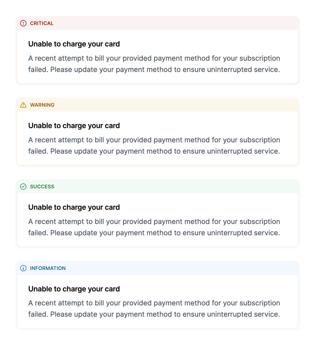 🎨 Spent this morning designing alerts for <a href="/goavaro_/">Avaro</a> 

One thing I've learned is that not all alerts are truly urgent / require the user's immediate attention. As such, they shouldn't dominate the page. 

💡 Using a white background helps a lot with this.