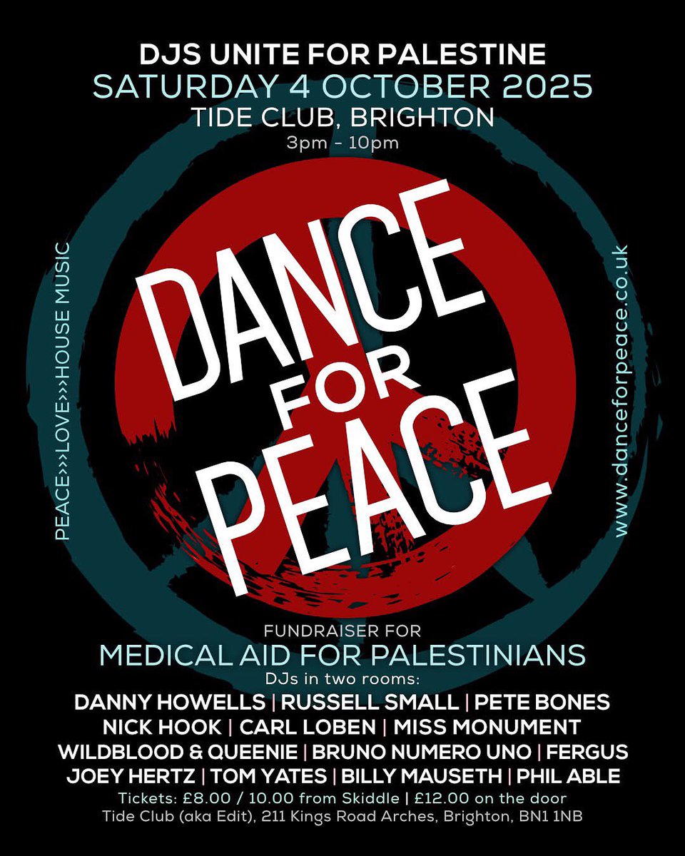 CarlLoben's tweet photo. A bunch of DJs are raising funds for Medical Aid for Palestinians this Saturday, playing daytime party #DanceForPeace at Tide on the Brighton seafront. @Danny_Howells @DJNickHook @MissMonument Pete Bones, Queenie & Wildblood & loads more all playing. Tickets from @Dance4PeaceNow https://t.co/8NVp4FYs1v