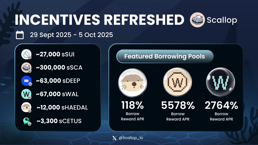 themajorweb3's tweet image. 💧SCALLOP INCENTIVE PROGRAM💧

Weekly incentives refreshed with incentives for wWAL and haWAL Borrowing Pools now LIVE!

Borrow wWAL and haWAL on Scallop now and earn up to 4-digit APR!

💧sSUI Incentives: ~27,000 sSUI
🐚sSCA Incentives: ~300,000 sSCA
🔥sDEEP Incentives: ~63,000…