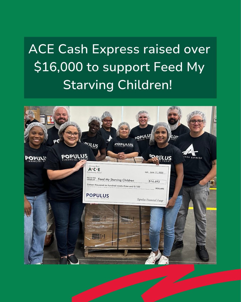 During our recent Give A Little Campaign, ACE stores in the Central Region raised over $16,000 for <a href="/fmsc_org/">Feed My Starving Children</a>! That’s 57,564 nutritious meals for children experiencing hunger! acecashexpress.com/about/press-re…