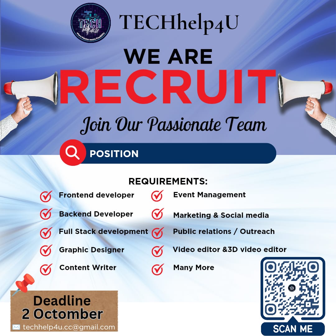 TECH_help4U's tweet image. 🔥 Your skills deserve the spotlight! 🔥
We at TECHhelp4U are recruiting:
👩‍💻 Developers | 🎨 Designers | ✍️ Writers | 📢 Marketers | 🎥 Editors
Deadline: Oct 2 – Apply now before it’s too late!
techhelp4u.cc@gmail.com | Scan QR

🚀 Don’t just follow opportunities – CREATE them.
