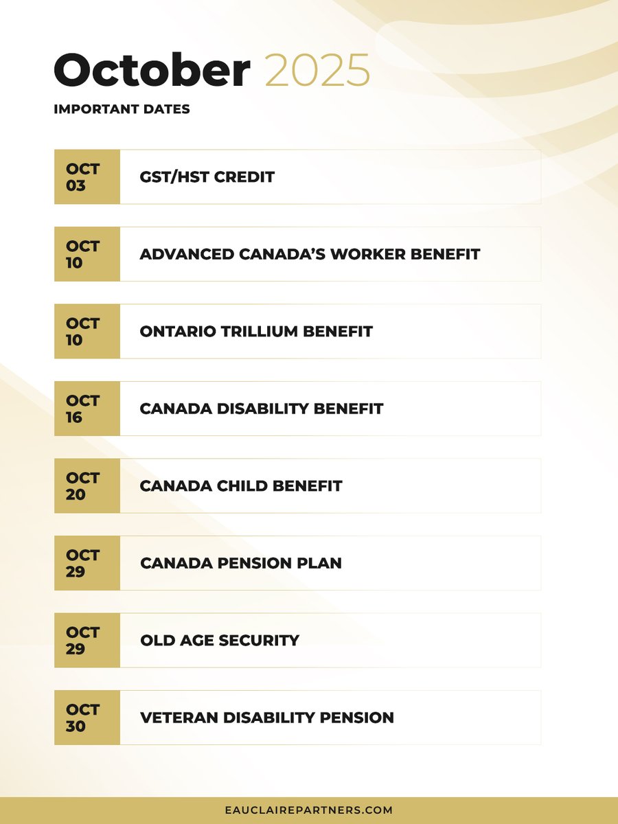EauClairePtrs's tweet image. Consider these key dates for your October financial planning.

#eauclairepartners #canadianeconomy #canadainsurance #canadabenefits #financecanada