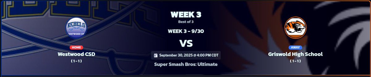 The Esports team will compete today at 4:00 against Griswold! Tune in to our YouTube live!

<a href="/WCSDRebels/">Westwood Schools</a> 

#IAHSEA #Esports #SSBU

youtube.com/live/DxO_-KTYK…