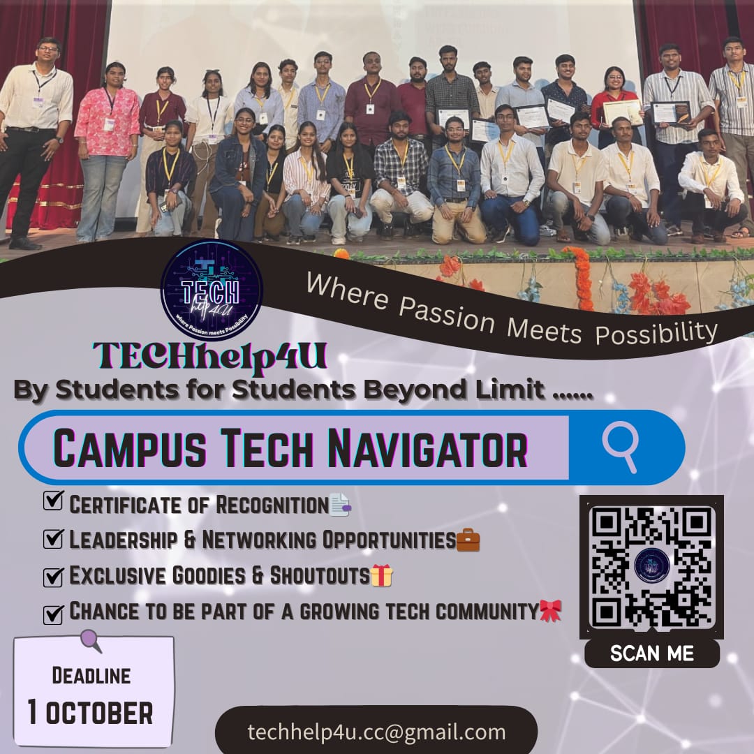 TECH_help4U's tweet image. 🚀 Be the Voice of Tech on your campus!
Join TECHhelp4U as a Campus Tech Navigator 💡
✅ Certs | ✅ Goodies | ✅ Networking | ✅ Recognition
📅 Apply by Oct 1 → Scan QR / mail us 📩 techhelp4u.cc@gmail.com

#CampusAmbassador #Techhelp4U #WeAreHiring