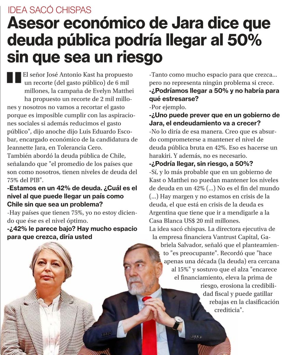 ChilePortadas's tweet photo. 📰 Asesor económico de Jara:
Deuda pública podría llegar al 50% sin que sea un riesgo
#ContigoCHV #Bernarda #Cordero #INDH #Hermosilla https://t.co/CJnXALkqCc