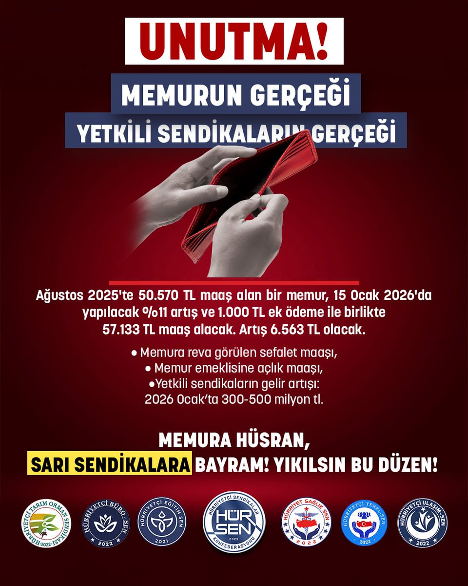 UNUTMA!
Memura reva görülen sefalet maaşı,

Memur emeklisine açlık maaşı,

Yetkili sendikaların gelir artışı: 2026 Ocak’ta 300-500 milyon TL.

MEMURA HÜSRAN,
SARI SENDİKALARA BAYRAM! YIKILSIN BU DÜZEN!
<a href="/HurEgitimSen/">Hürriyetçi Eğitim Sen Genel Merkezi</a>
<a href="/leventkuruoglu/">Levent Kuruoğlu</a>