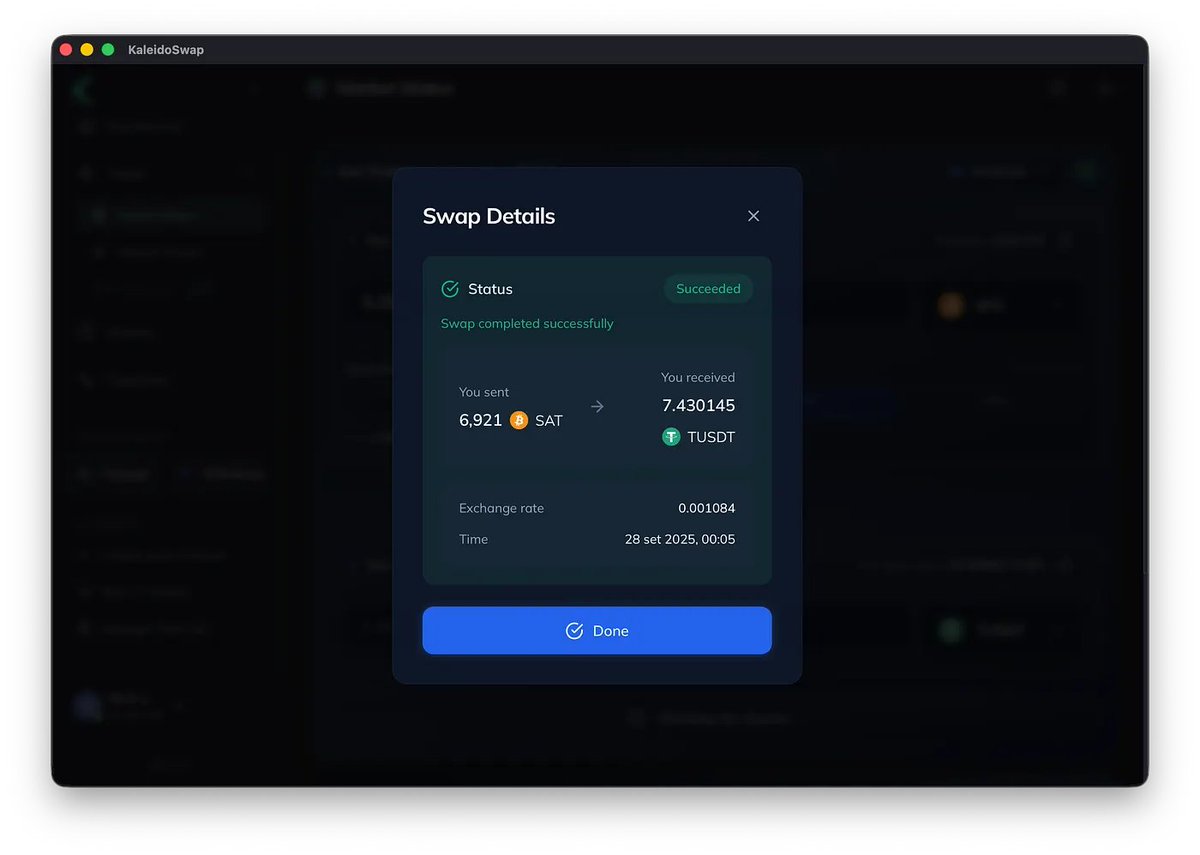⚡️ Primo swap di asset RGB sul Lightning Network

<a href="/kaleidoswap/">Kaleidoswap</a> ha completato con successo il primo swap atomico di una stablecoin RGB20 (tUSDT) sul Lightning Network in mainnet. Non si tratta di un test ma di una transazione reale che ha utilizzato asset RGB autentici, canali