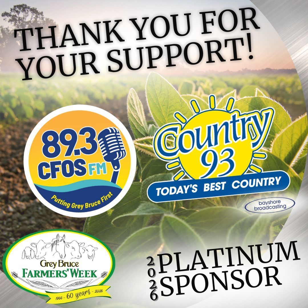 🎶 A big thank you to CFOS FM &amp; Country 93 for being a Platinum Sponsor of Grey Bruce Farmers Week! Putting Grey Bruce first &amp; broadcasting today's best country across local counties. 📻 Tune in at 89.3, 93.7 FM or online at 893cfos.ca and country93.ca