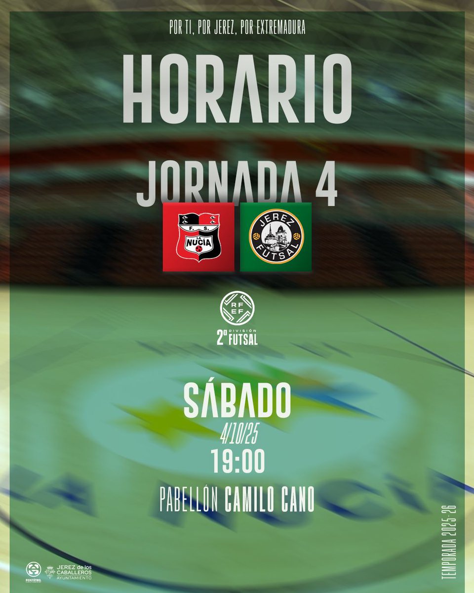 🔥 𝗝𝗢𝗥𝗡𝗔𝗗𝗔 𝟰 – 𝟮ª𝗕 🔥
💚 𝗟𝗮 𝗡𝘂𝗰𝗶́𝗮 𝗙𝗦 🆚 𝗝𝗲𝗿𝗲𝘇 𝗙𝘂𝘁𝘀𝗮𝗹
📅 Sáb 5 Oct | 19:00 h
🏟️ Pabellón Camilo Cano

💥 𝗘𝗹 𝘃𝗶𝗮𝗷𝗲 𝗺𝗮́𝘀 𝗹𝗮𝗿𝗴𝗼 𝗱𝗲 𝗹𝗮 𝘁𝗲𝗺𝗽𝗼𝗿𝗮𝗱𝗮. 💪💚
📲 #Im_back2ªB
💪 #TuEntregaMiPasion
🔗 #JerezFutSal