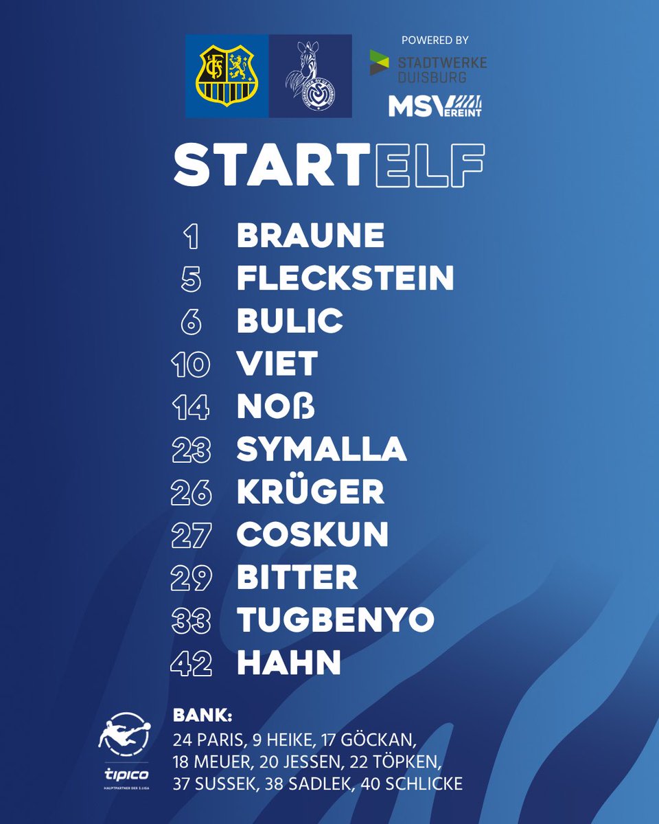 MSVDuisburgENG's tweet photo. Your #Duisburg XI:

One change as Göckan is replaced by Tugbenyo, who makes his first start of the campaign. 

Sussek and co. waiting on the bench.

🦓💙

#FCSMSV | #3Liga https://t.co/o4J13PRhi2