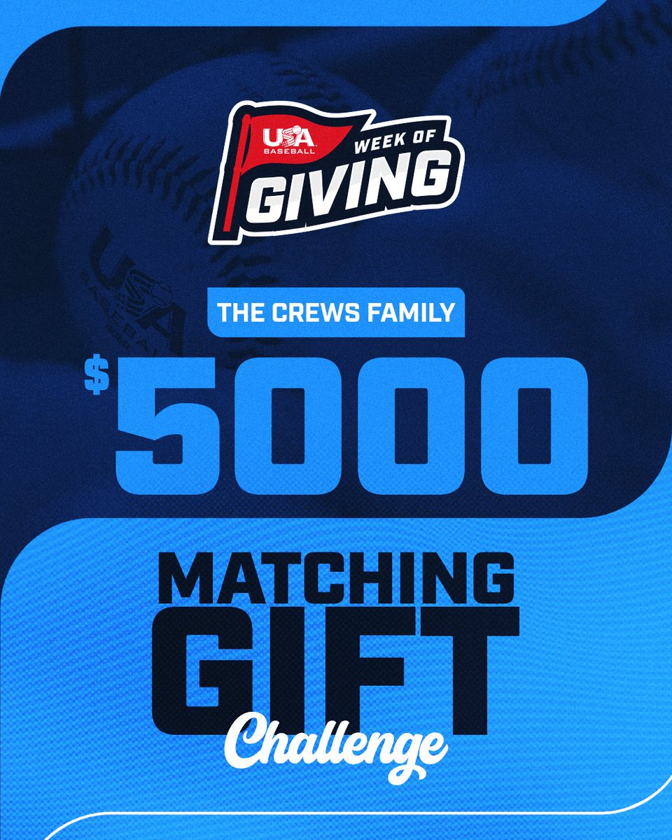 USABaseball's tweet photo. Donation Match Alert❗ Thanks to the generosity of the Crews Family, every gift made in the next TWO hours will be matched up to $5,000.

Make your impact NOW!: https://t.co/MUGVK96ixp https://t.co/q8Un8D4hbU