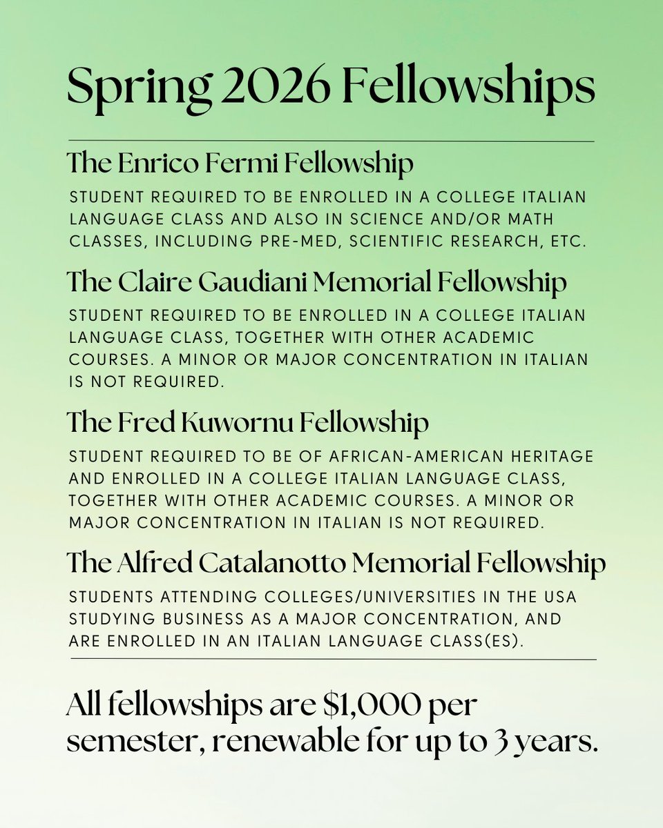 PLEASE NOTE CHANGES TO ILF FELLOWSHIPS! 📢 Apply for the ILF's $1,000 College Fellowships, awarded to students enrolled in college Italian language classes alongside other academic courses. Renewable for up to 2 years. APPS DUE NOV 15! Email info@italianlanguagefoundation.org.
