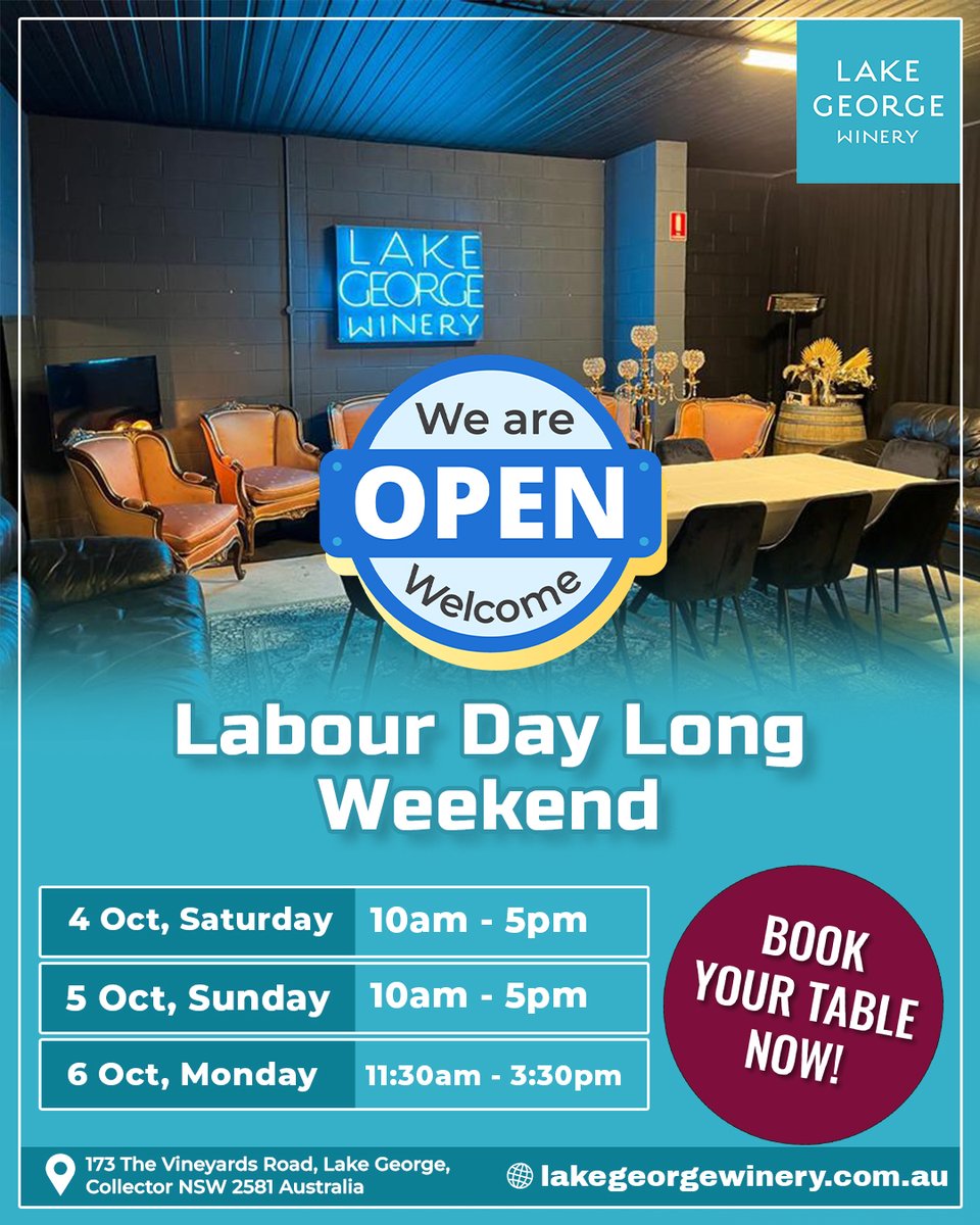 We’re open all Labour Day long weekend, Friday–Monday! Bring the kids, your furry friends, and enjoy great food, wine, and vineyard views at Lake George Winery.

Book now at lakegeorgewinery.com.au/cellar-door/
-
-
-
#labourdayweekend #weddingvenue #lakegeorgewinery #longweekend #canberra
