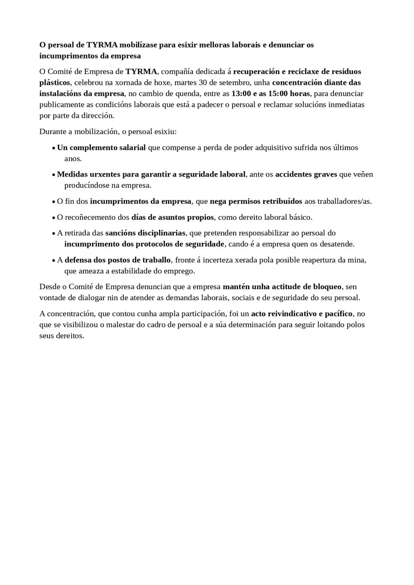 CCOO HABITAT GALICIA (@ccoo_cysgalicia) on Twitter photo 🟡 Hoxe o persoal de Tyrma mobilizouse diante da empresa para esixir:
💶 Complemento salarial
🦺 Seguridade laboral
📅 Permisos e asuntos propios
🛡️ Defensa do emprego
❌ Contra sancións e incumprimentos
#Tyrma #DereitosLaborais #prevencionderiscos 🟡 Hoxe o persoal de Tyrma mobilizouse diante da empresa para esixir:
💶 Complemento salarial
🦺 Seguridade laboral
📅 Permisos e asuntos propios
🛡️ Defensa do emprego
❌ Contra sancións e incumprimentos
#Tyrma #DereitosLaborais #prevencionderiscos