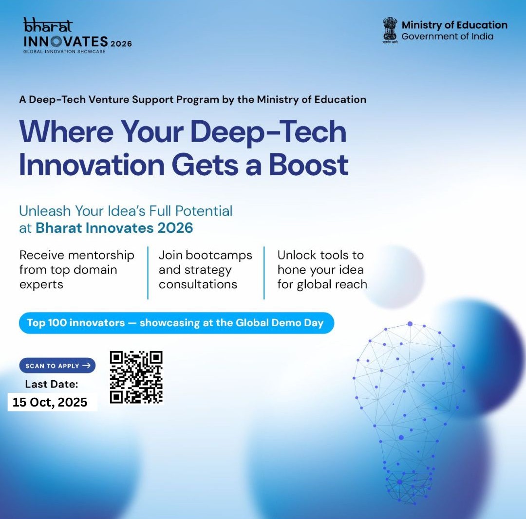 NITGoa_Official's tweet image. 🌍 Bharat Innovates 2026 – Global Innovation Showcase
📅 17–19 June 2026 | Nice, France
🎯 Celebrating R&D-based Deep Tech ventures nurtured by India’s education ecosystem
📝 Apply by 15 Oct 2025
🔗 Scan QR to apply
#BharatInnovates #DeepTech #GlobalShowcase #EducationEcosystem