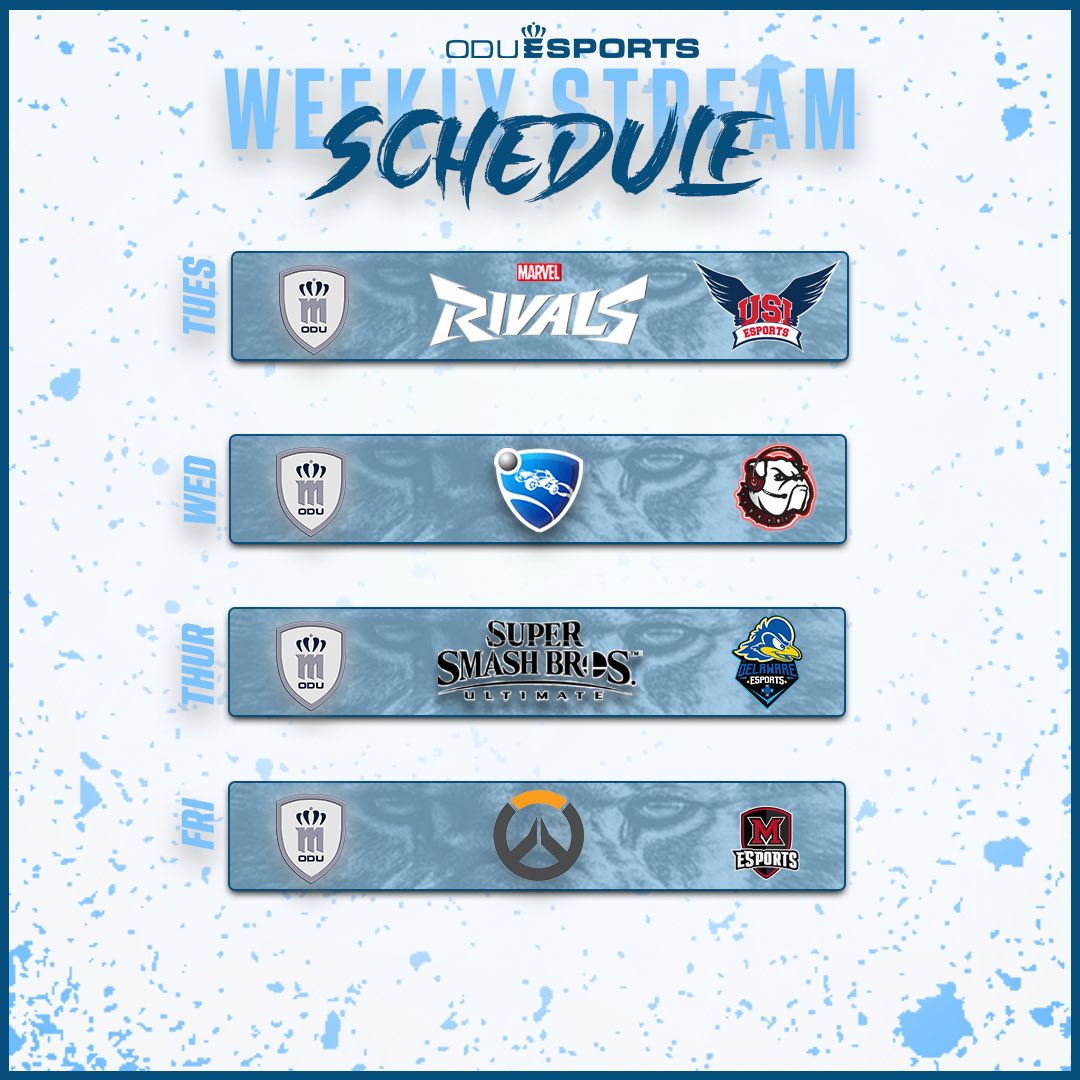 This weeks Stream Schedule🎥👀

Tune in for this weeks selection of streams!

#oduesports #overwatch #smashbros #collegiateesports #rocketleague #marvelrivals