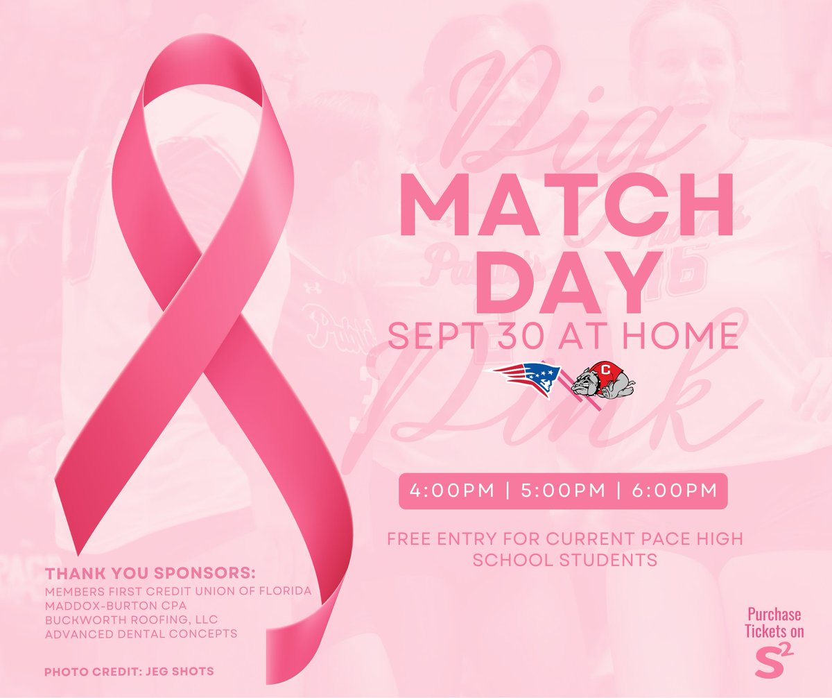 🏐Dig Pink Night!

Come support your #LadyPatriots at home tonight vs. the Crestview Bulldogs. 

Tickets: S2 Pass
Pace High students get in FREE w/ student ID
Portion of proceeds support 

#BreastCancerAwareness #DigPink