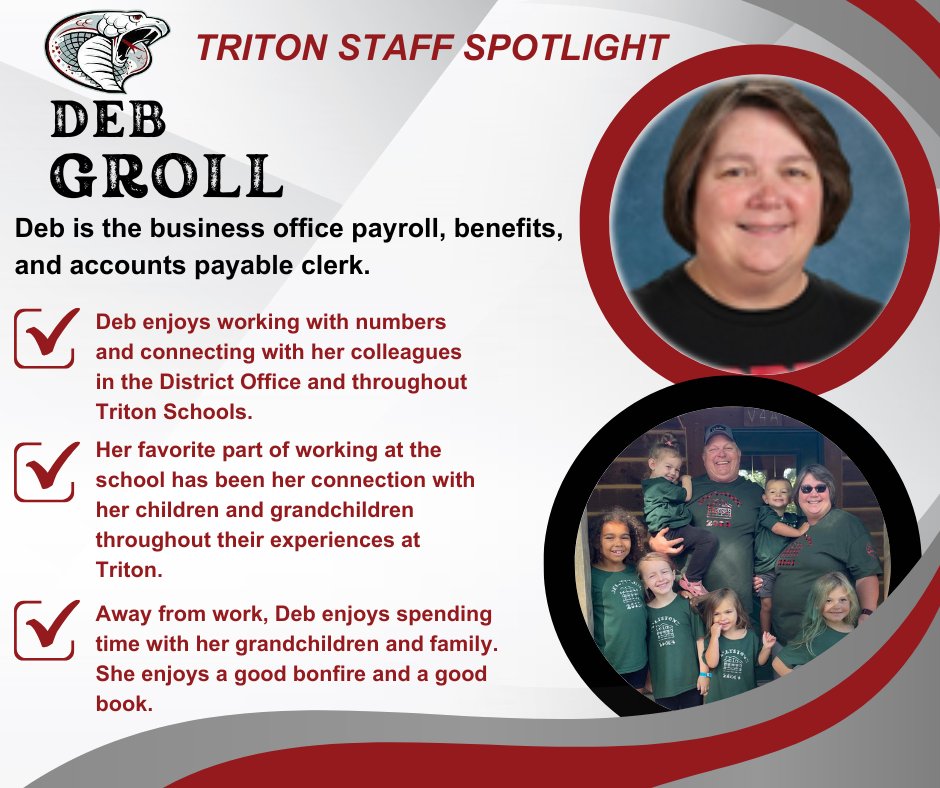 We are excited to recognize and honor Deb Groll in the Triton Staff Spotlight! She will be retiring at the end of the year after 35 years of dedication, support, and commitment to our school community. Thank you, Deb, for everything you’ve done!