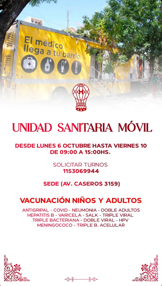 UNIDAD SANITARIA MÓVIL 

Desde el lunes 6 de octubre hasta el viernes 10 de octubre 🗓️

De 09:00 a 15:00 HS ⏰

Solicitar Turnos (1153069944) ‼️

SEDE (av caseros 3159) 📍
