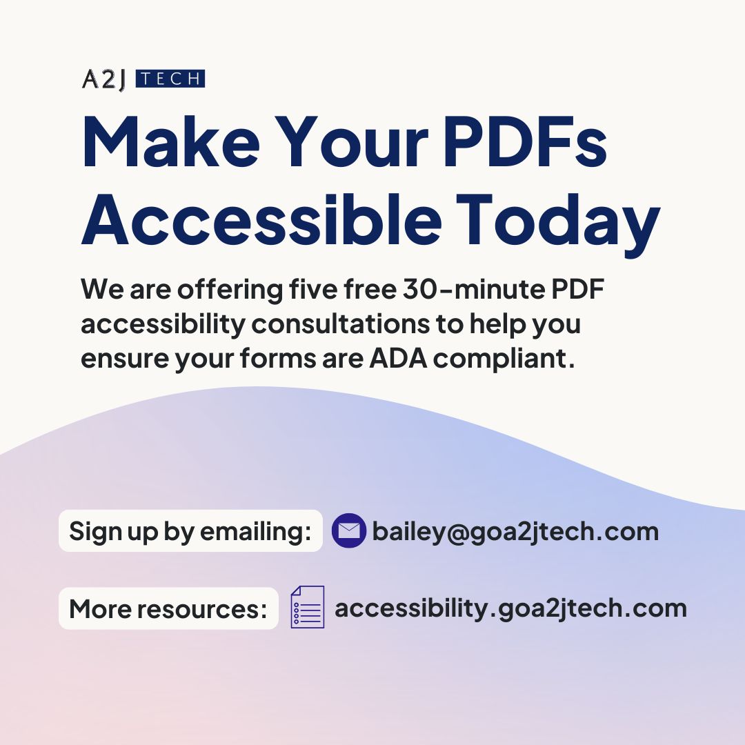 GoA2JTech's tweet image. Did you know that state and local governments need to make their sites and forms accessible by 2026?
If you work with a state or local government, sign up for a free 30-minute PDF accessibility consultation with us!
Interested?
👉Email bailey@goa2jtech.com for your consultation.