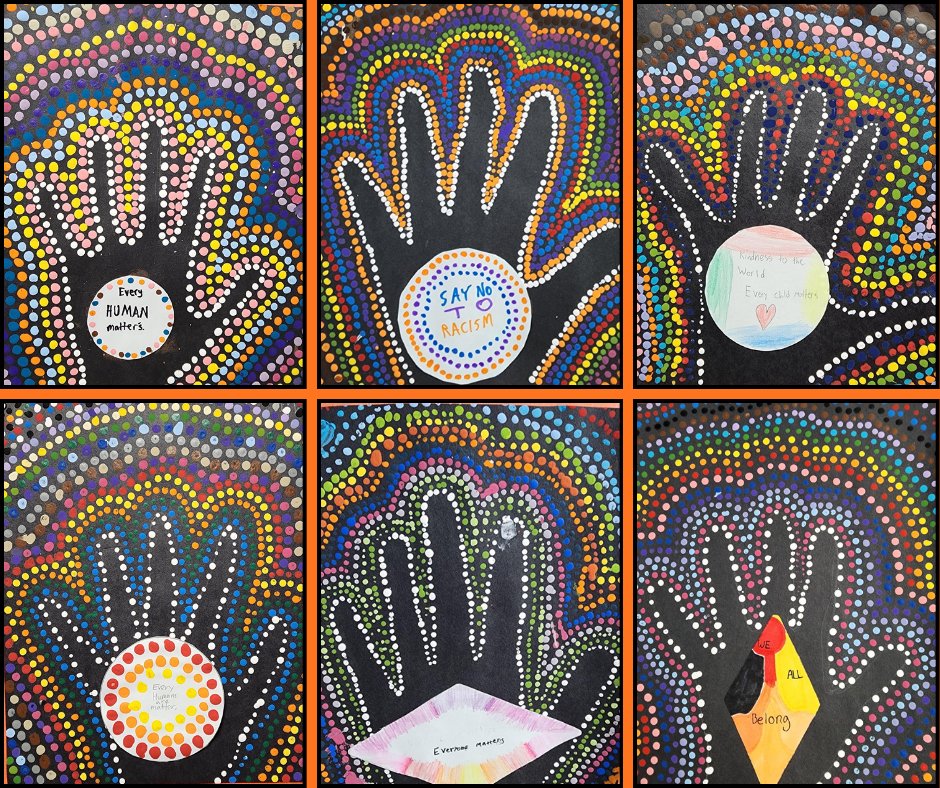 BSLSchool_wpg's tweet photo. In recognition of the National Day for Truth and Reconciliation, our Grade 6 - 8 students created handprints using dot art, inspired by Indigenous dot art techniques. The handprint serves as a meaningful symbol of truth and reconciliation, representing that Every Child Matters. https://t.co/idgvLwxYog