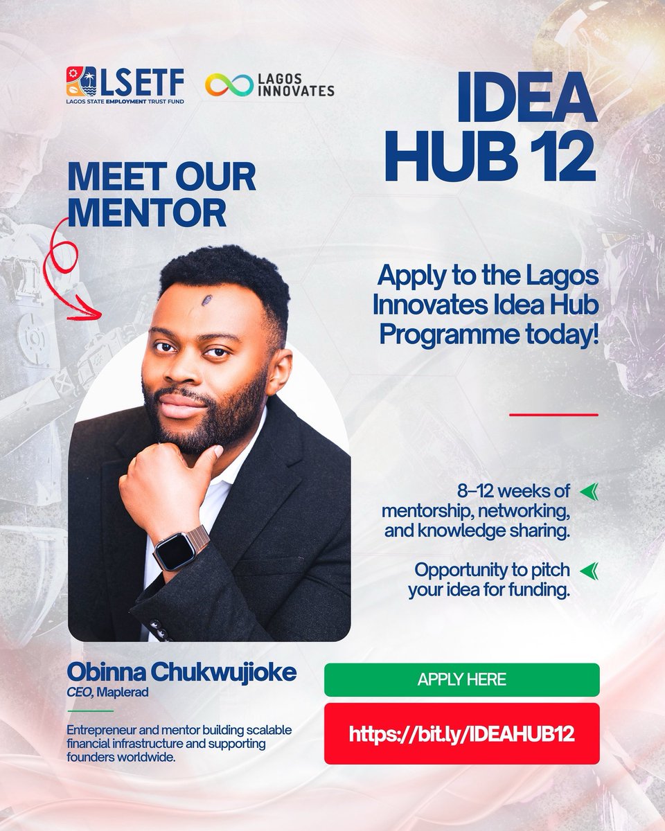 Maplerad (@withmaplerad) on Twitter photo We’re excited to share that our Co-founder, Obinna Chukwujioke, has been selected as one of the expert mentors in the <a href="/LSETF/">Lagos State Employment Trust Fund</a> Lagos Innovates Idea Hub!
This is your chance to learn directly from him and other experts.
Applications close soon, Apply here: bit.ly/IDEAHUB12 We’re excited to share that our Co-founder, Obinna Chukwujioke, has been selected as one of the expert mentors in the <a href="/LSETF/">Lagos State Employment Trust Fund</a> Lagos Innovates Idea Hub!
This is your chance to learn directly from him and other experts.
Applications close soon, Apply here: bit.ly/IDEAHUB12